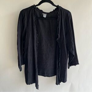 Match Point Linen Open Front Jacket Shirt Sz XL Women’s Black Ruffle Hem EUC